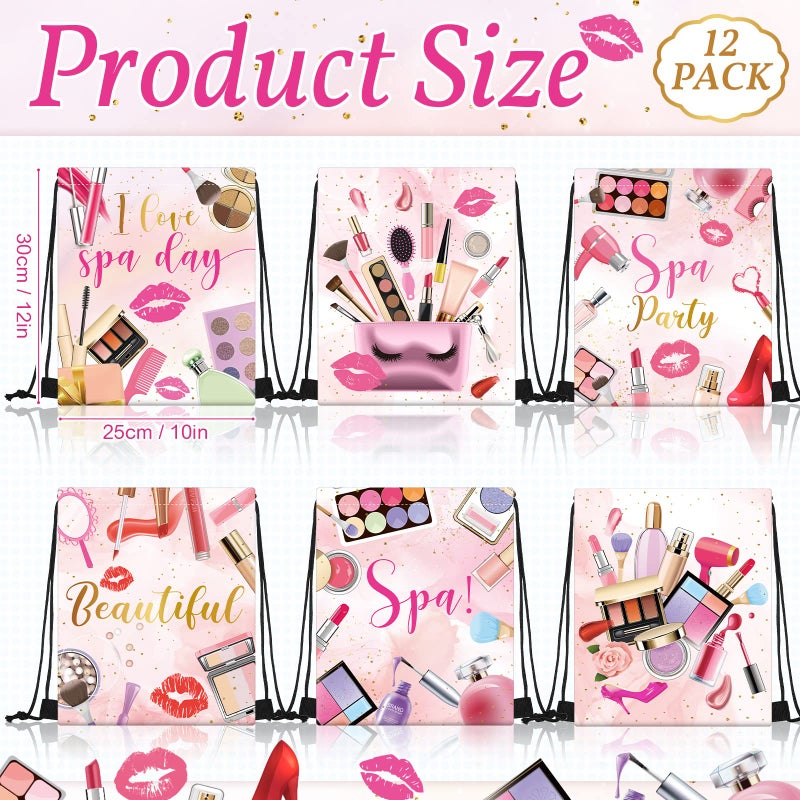 Equsion 12 Pcs Spa Party Favor Bags Drawstring Backpack Gift Bags for Girls Women Makeup Birthday Party Decorations Salon Baby Shower Spa Decorations, 12 x 10 Inch - Image 2