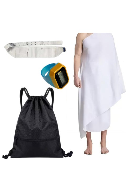 Ihram, Ehram, Ahram for Men for Hajj and Umrah - Set of 4 with Digital Tasbeeh, Chain Bag and White Belt Free Size - Healthy Natural Towels