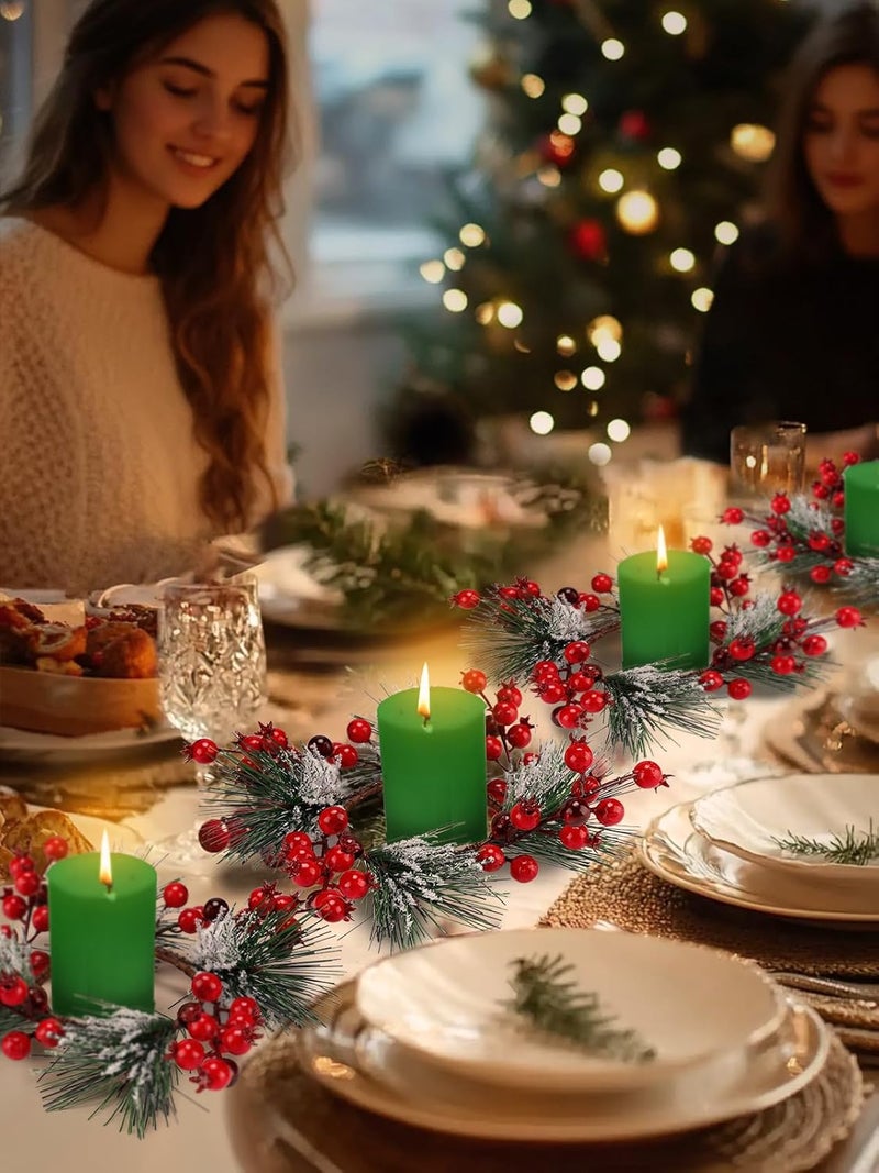 Biubee Christmas Candle Rings - Christmas Candle Wreath Garland for 3" Dia Pillar Candles with Artificial Red Berries, Xmas Wreath Candle Holder for Christmas Wedding Holiday Table Centerpiece Party Decor - Image 4