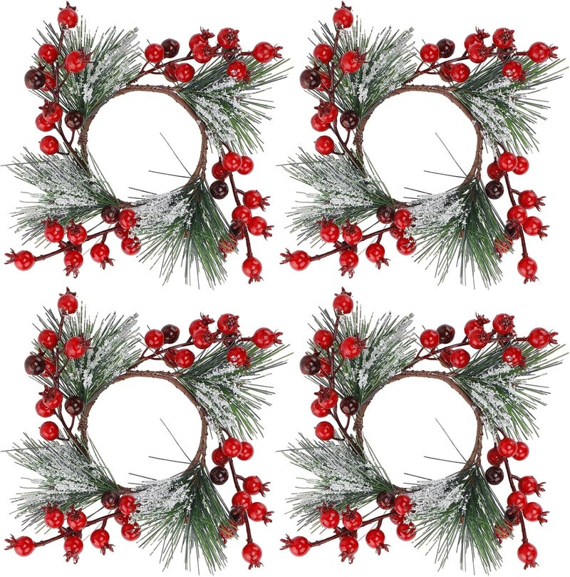Biubee Christmas Candle Rings - Christmas Candle Wreath Garland for 3" Dia Pillar Candles with Artificial Red Berries, Xmas Wreath Candle Holder for Christmas Wedding Holiday Table Centerpiece Party Decor - Image 1