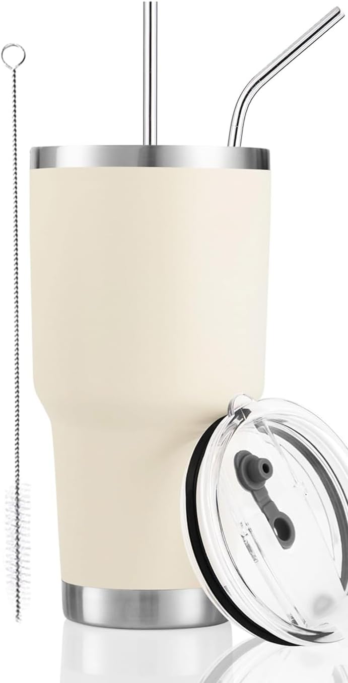DS 30oz Cream Tumbler Stainless Steel Insulated Travel Mug with Straw Lid Cleaning Brush (30oz Cream) - Image 1