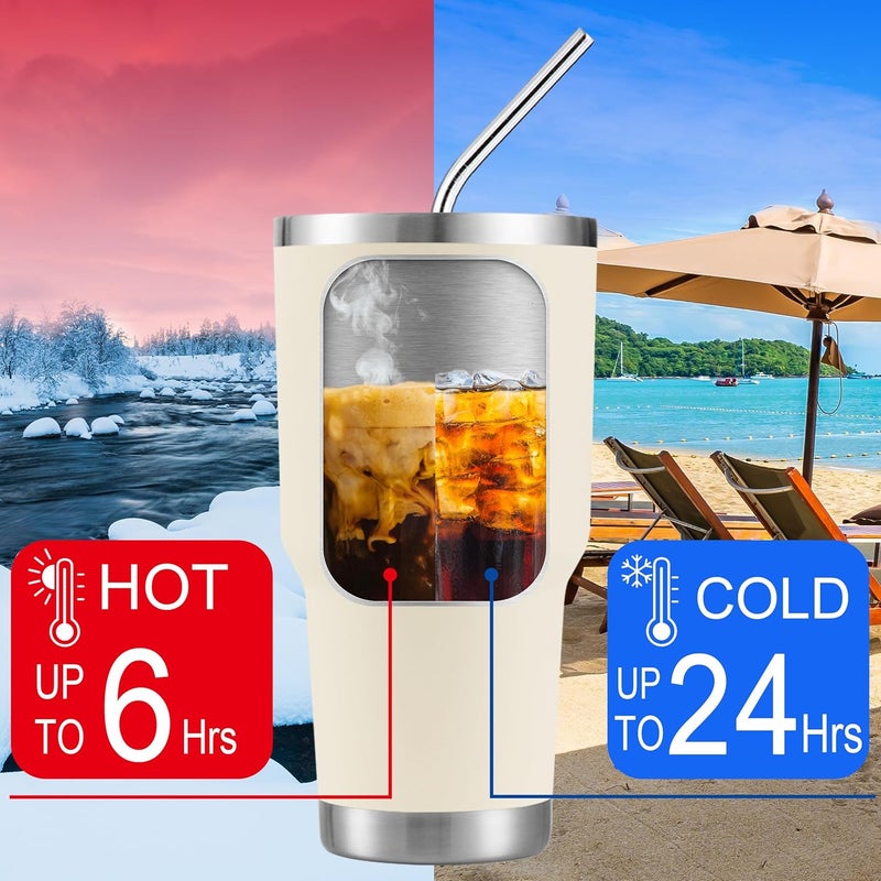 DS 30oz Cream Tumbler Stainless Steel Insulated Travel Mug with Straw Lid Cleaning Brush (30oz Cream) - Image 4