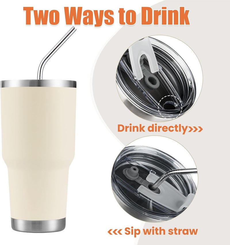 DS 30oz Cream Tumbler Stainless Steel Insulated Travel Mug with Straw Lid Cleaning Brush (30oz Cream) - Image 3