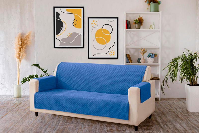 KINGLY Velvet Quilted Universal Elastic Sofa Cover Non-Slip Sofa Protector 3 Seater Armchair Cover with Machine Washable Adjustable Elastic Straps (3 Seater) (German Blue) - Image 1