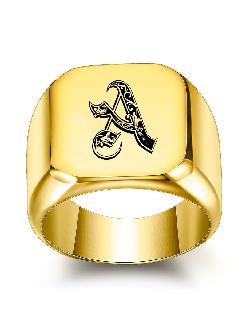خاتم رجالي من الفولاذ التيتانيوم بتصميم ريترو بانك مربع الشكل مع 26 حرفًا إنجليزيًا مخصصًا (A) - Image 1