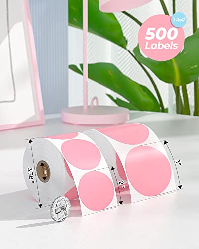 MUNBYN 3 Inch Pink Circle Thermal Sticker Labels, Multi-Purpose Self-Adhesive Round Direct Thermal Labels for Business, 500 Sheets/1 Roll - Image 2