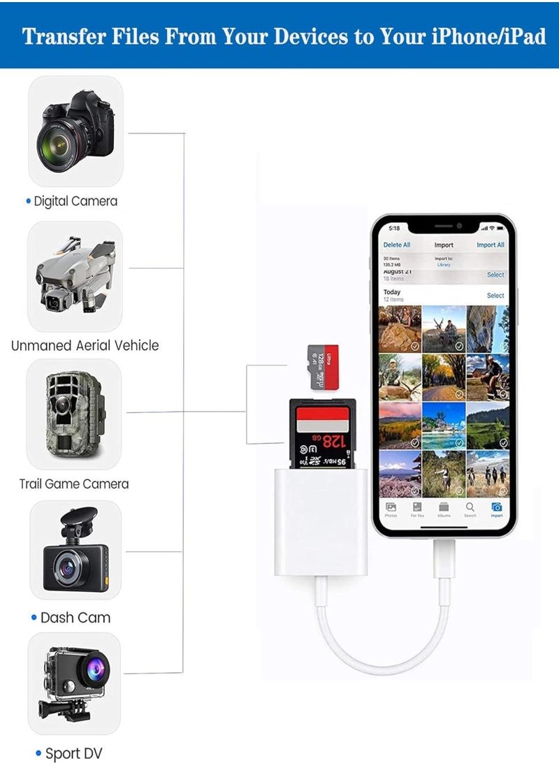 Apple lightning to sd & tf card dual slot reader for iphone/ipad, 2 in 1 micro sd tf memory card adapter, trail camera viewer sd card reader, plug and play