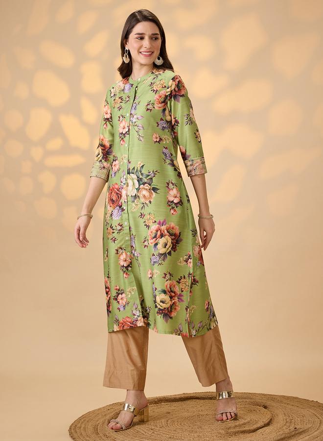globus Floral Print Button Placket A-Line Festive Kurta - Image 2