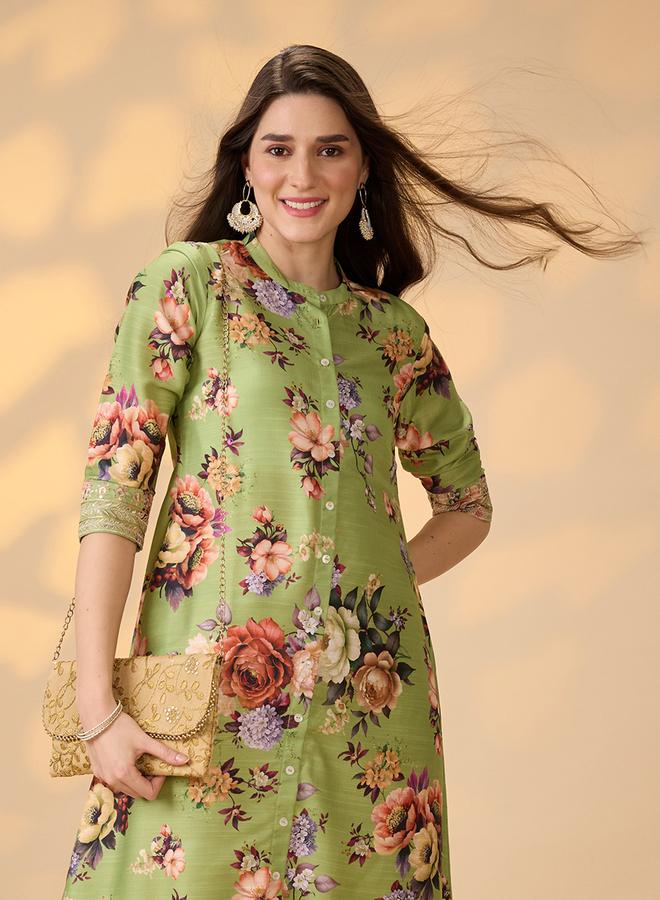 globus Floral Print Button Placket A-Line Festive Kurta - Image 5