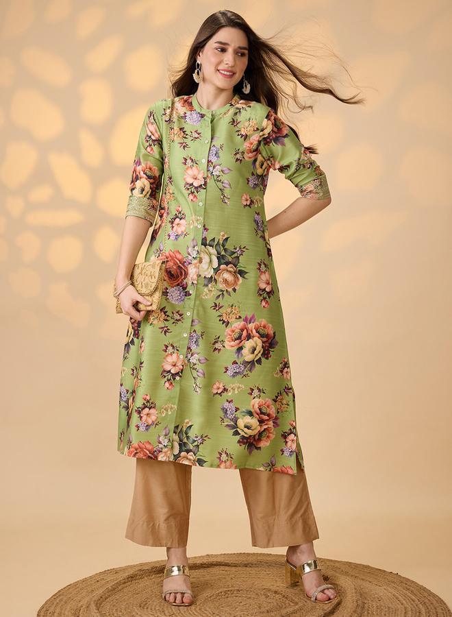globus Floral Print Button Placket A-Line Festive Kurta - Image 1