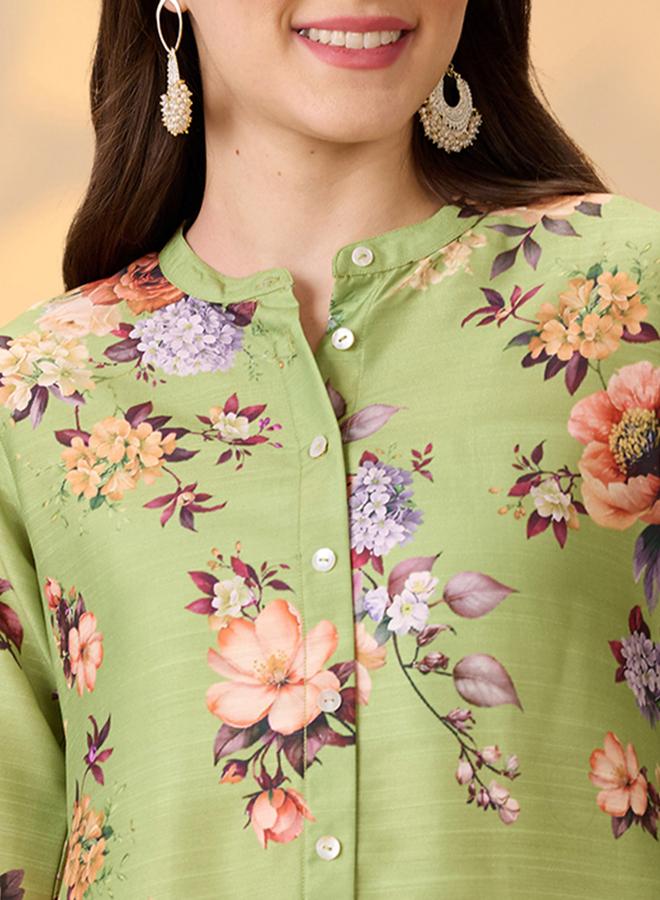 globus Floral Print Button Placket A-Line Festive Kurta - Image 4