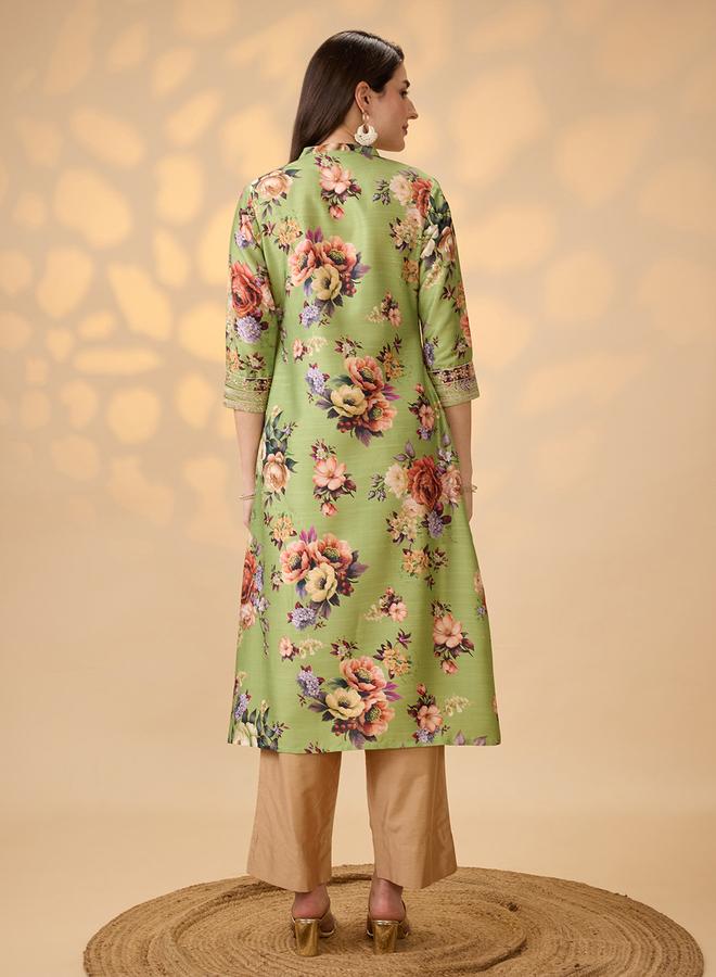 globus Floral Print Button Placket A-Line Festive Kurta - Image 3