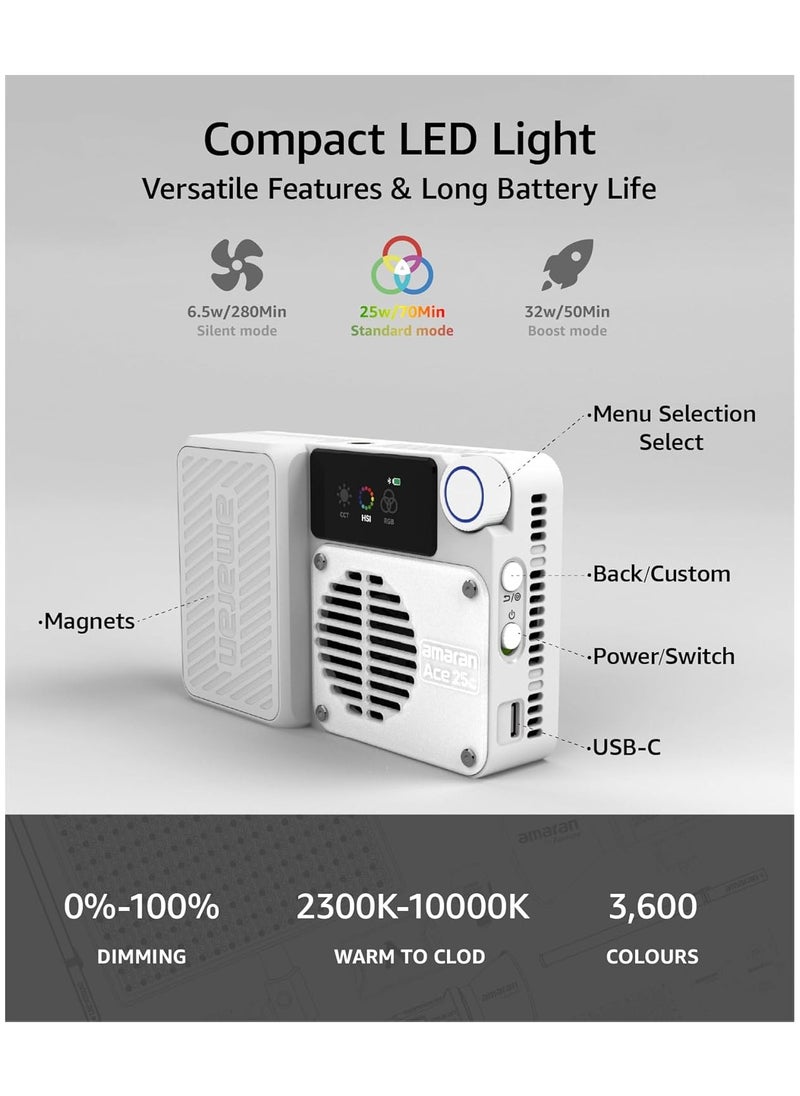 Aputure - Aputure Amaran Ace 25c RGBWW Full Colour LED Light - Kits, 32W On-Camera Video Light, 2300K-10000K, 5908 Lux @ 0.5 m, USB-C Fast Charge, Magnetic Mounting, Wireless Amaran App Control - Sliver - Image 1