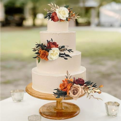 Rinlong 3Pcs Pre-made Cake Topper Cake Decorating Flowers for Cake Decor Boho Burnt Orange Fall Cake Flowers for Wedding Baptism Birthday Party Bridal Baby Shower - Image 3