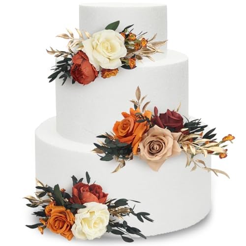 Rinlong 3Pcs Pre-made Cake Topper Cake Decorating Flowers for Cake Decor Boho Burnt Orange Fall Cake Flowers for Wedding Baptism Birthday Party Bridal Baby Shower - Image 1