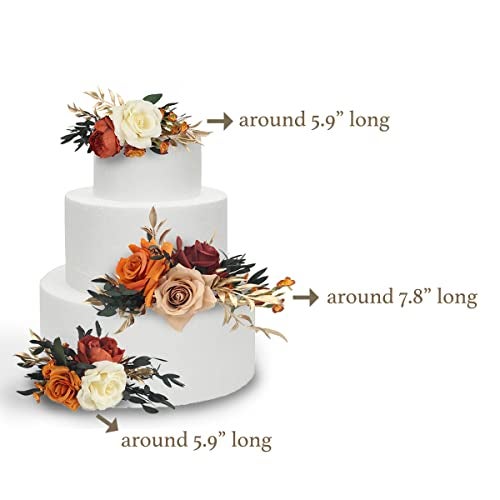 Rinlong 3Pcs Pre-made Cake Topper Cake Decorating Flowers for Cake Decor Boho Burnt Orange Fall Cake Flowers for Wedding Baptism Birthday Party Bridal Baby Shower - Image 4