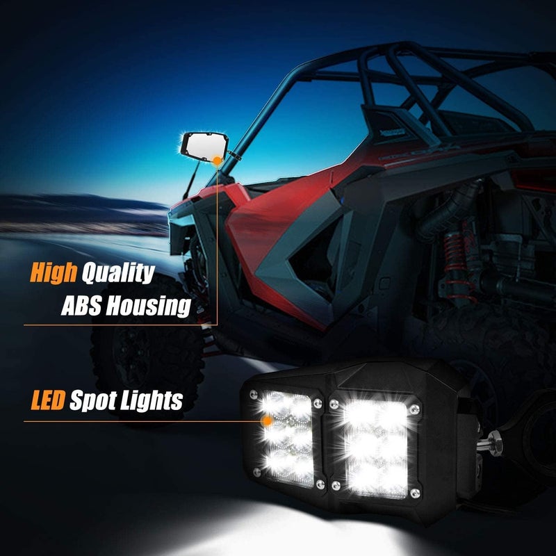 RANSOTO UTV 1.75 - 2 Inch Roll Bar Cage Offroad Side Rear View Mirrors with LED Spot Light - Image 3