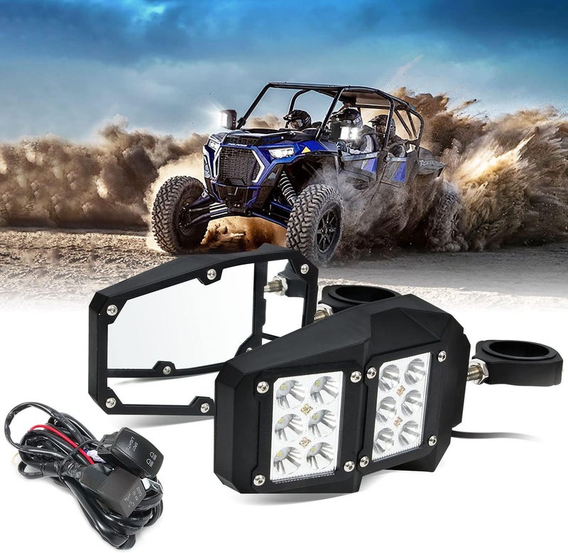 RANSOTO UTV 1.75 - 2 Inch Roll Bar Cage Offroad Side Rear View Mirrors with LED Spot Light - Image 1