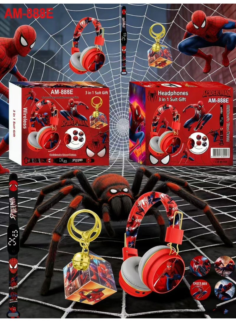 SPIDERMAN Spider-Man Bluetooth Kids Headphones with 3-in-1 Gift Set for Children - 【Kids Bluetooth Headphones】with Digital Clock and Rotating Rubik's Cube Keychain - Model AM-888E - Red - Image 1