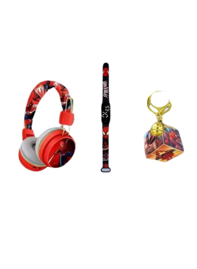 SPIDERMAN Spider-Man Bluetooth Kids Headphones with 3-in-1 Gift Set for Children - 【Kids Bluetooth Headphones】with Digital Clock and Rotating Rubik's Cube Keychain - Model AM-888E - Red - Image 3