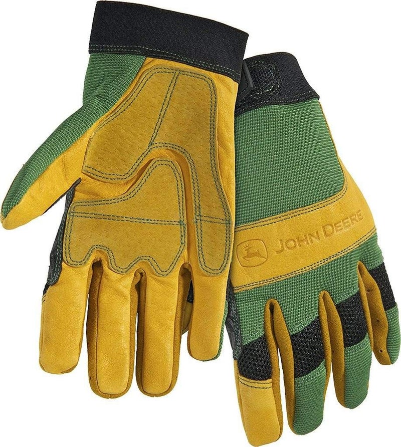 John Deere JD00009 Leather Gloves XXLarge Grain Cowhide Leather Palm Spandex Back Hook and Loop WristYellowGreen