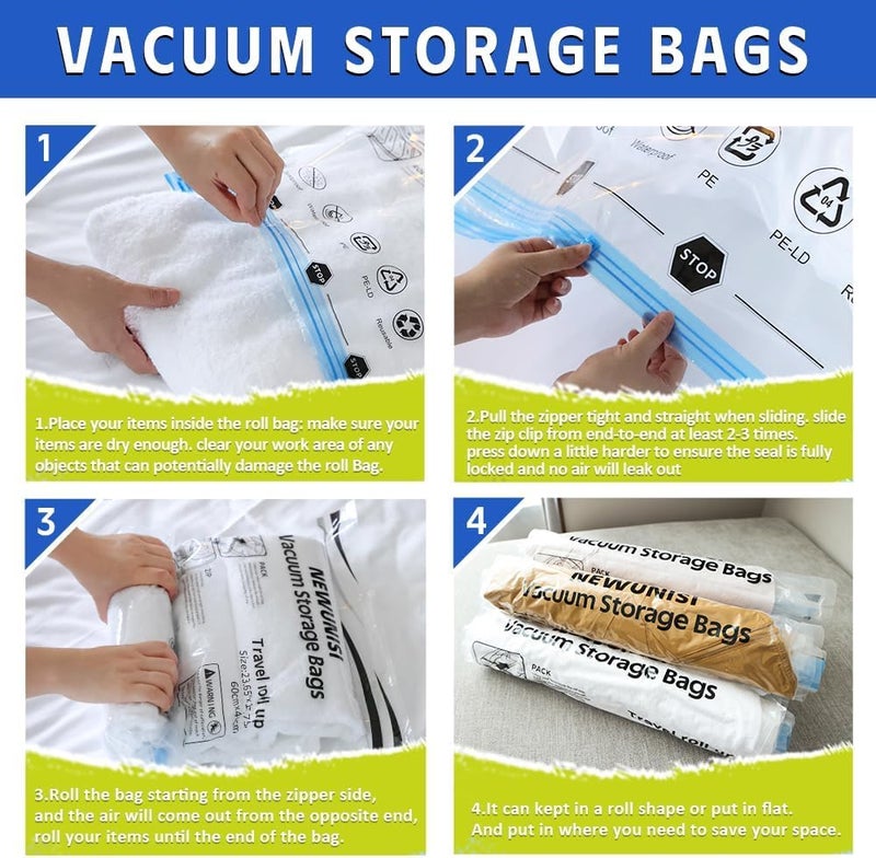 Newunisi 12 Pack Vacuum Storage Bags, Compression Bags for Travel, Roll Up Reusable Travel Space Saver for Luggage, Camping, and Storage (No Vacuum or Pump Needed). - Image 4