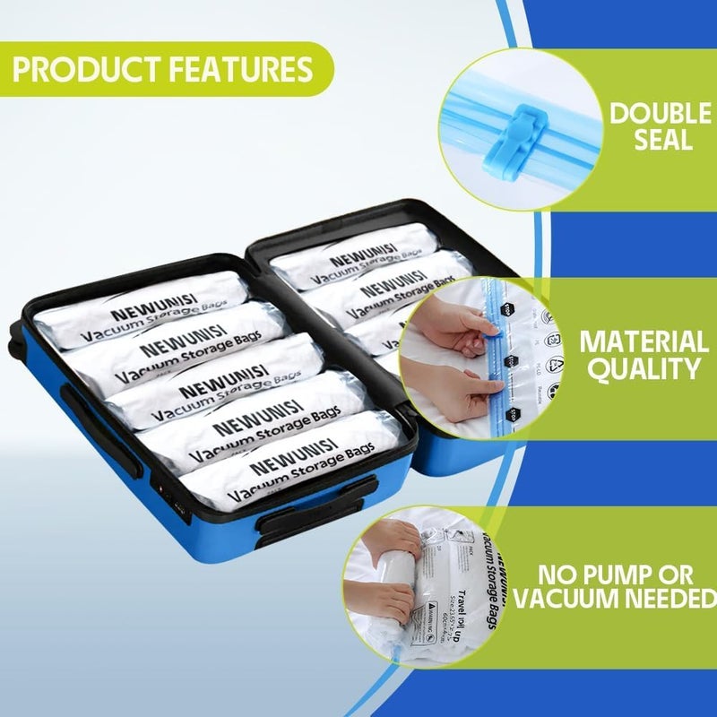 Newunisi 12 Pack Vacuum Storage Bags, Compression Bags for Travel, Roll Up Reusable Travel Space Saver for Luggage, Camping, and Storage (No Vacuum or Pump Needed). - Image 5