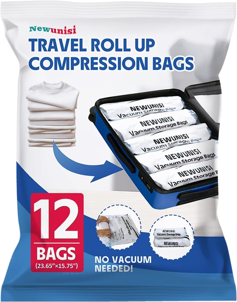 Newunisi 12 Pack Vacuum Storage Bags, Compression Bags for Travel, Roll Up Reusable Travel Space Saver for Luggage, Camping, and Storage (No Vacuum or Pump Needed). - Image 1