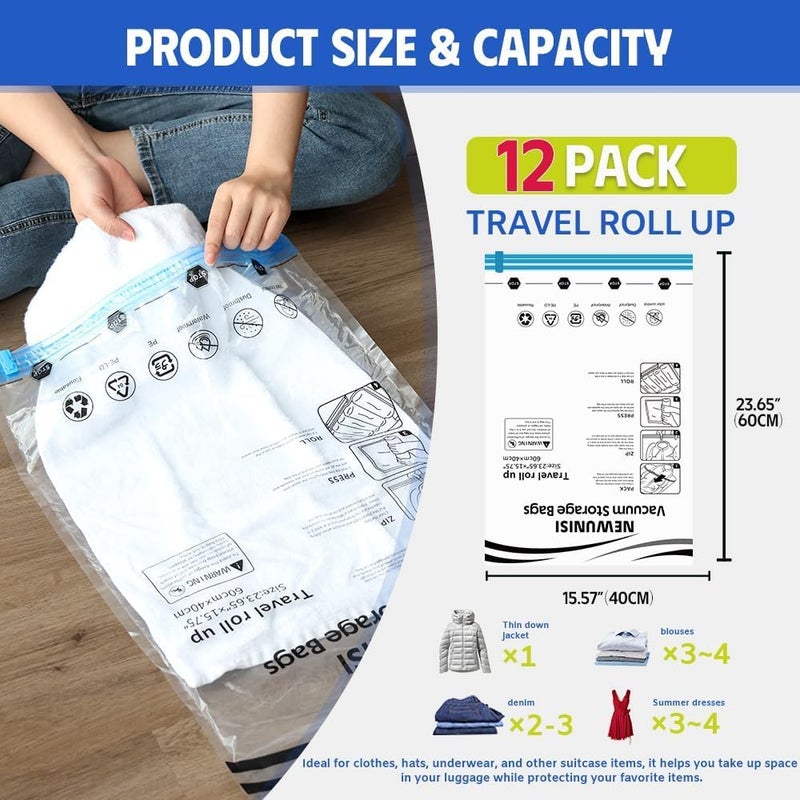 Newunisi 12 Pack Vacuum Storage Bags, Compression Bags for Travel, Roll Up Reusable Travel Space Saver for Luggage, Camping, and Storage (No Vacuum or Pump Needed). - Image 3