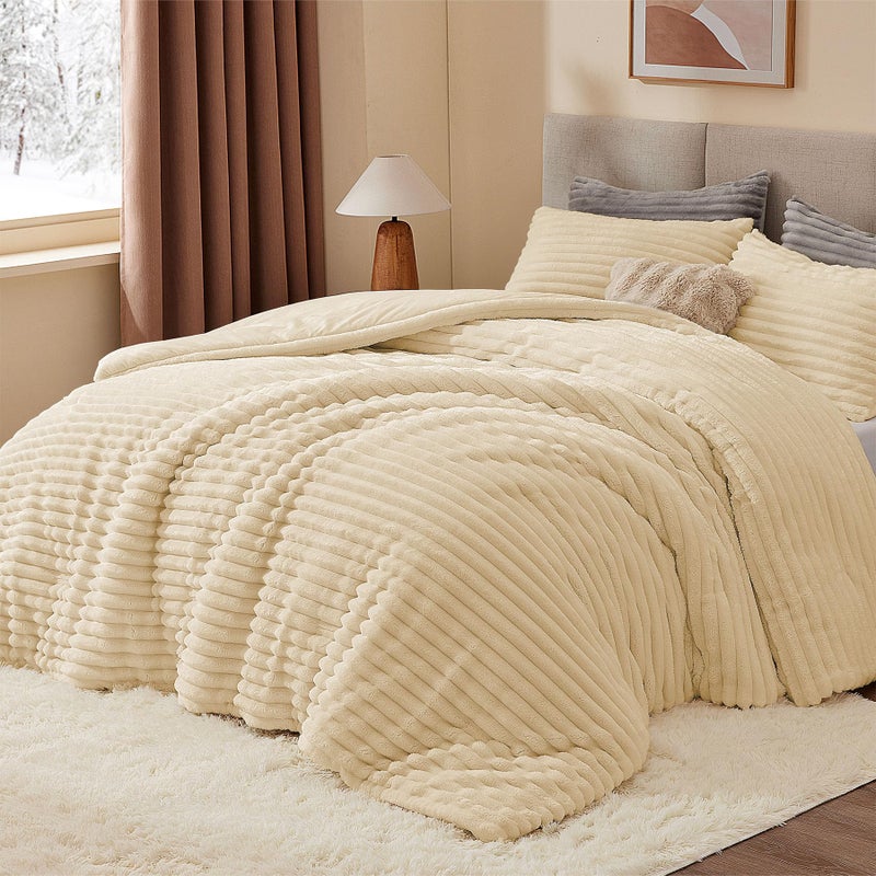 BEDELITE Fleece Twin Comforter Set -Super Soft & Warm Fluffy Beige Bedding, Luxury Fuzzy Heavy Bed Set for Winter with 1 Pillow case - Image 2