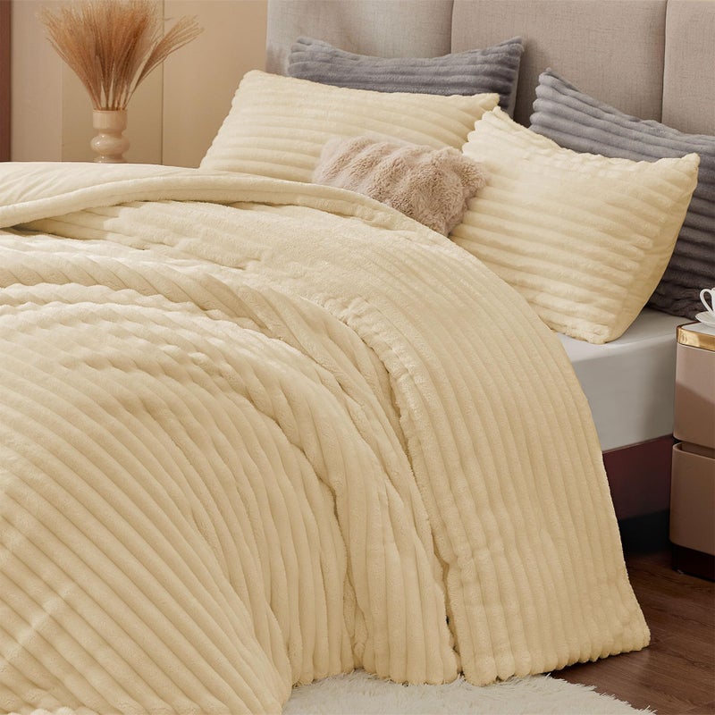 BEDELITE Fleece Twin Comforter Set -Super Soft & Warm Fluffy Beige Bedding, Luxury Fuzzy Heavy Bed Set for Winter with 1 Pillow case - Image 5