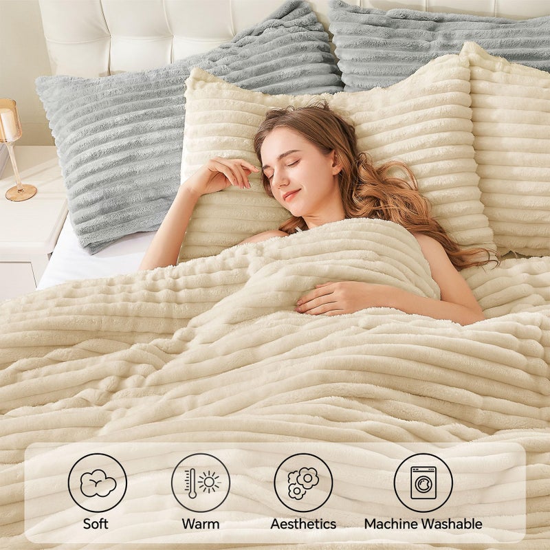 BEDELITE Fleece Twin Comforter Set -Super Soft & Warm Fluffy Beige Bedding, Luxury Fuzzy Heavy Bed Set for Winter with 1 Pillow case - Image 3