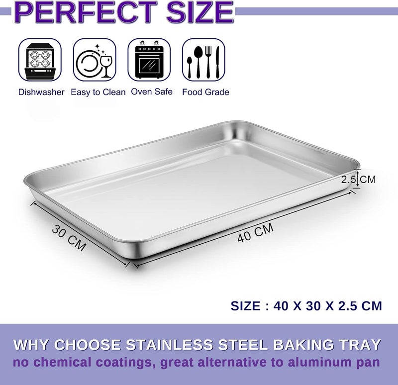 Herogo Baking Tray Set of 2, Stainless Steel Oven Tray 40 x 30 x 2.5cm, Large Rimmed Baking Pan Cookie Sheet, Healthy & Non Toxic, Rust Free & Mirror Finish, Easy Clean & Dishwasher Safe - Image 2