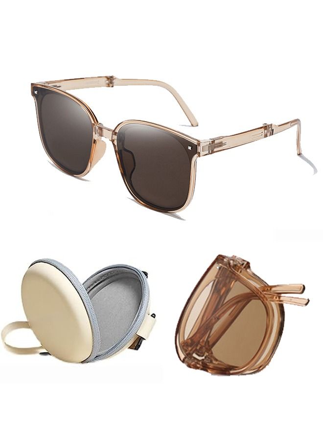 HS Foldable Sunglasses with Bag Women and Men - Square Folding Easy Carry Foldable Shades UV400 Protection Lens - Sun Protection Sunglasses Suitable for Summer Outdoor Beach Travel Camping, Brown - Image 1