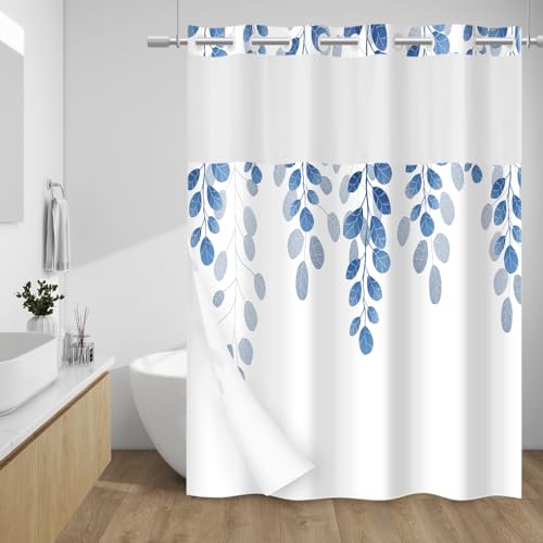 WITHLOC No Hook Shower Curtain with Snap in Liner - Eucalyptus Shower Curtain - Fabric Waterproof Inner Liner, Plants Blue Leaves Farmhouse Cloth Shower Curtains - Machine Washable, 71 x 74 Inch - Image 1
