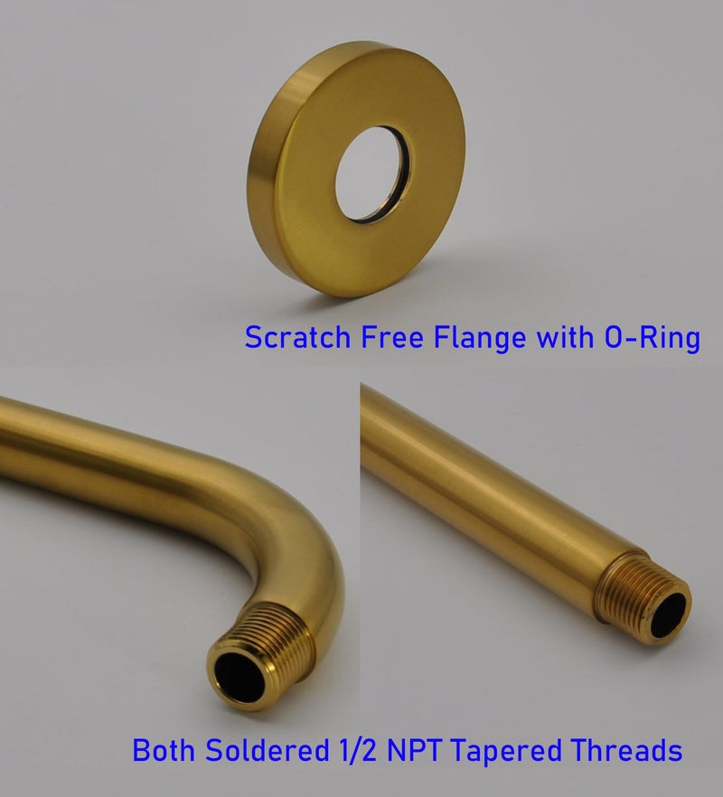 Aquaiaw Shower Arm and O-Ring Flange, 12 inch, Solid Brass Material, Both Soldered 1/2 NPT Tapered Threads, Round Wall Mount Rainfall Shower Head Extension Arm, PVD Brushed Brass (Matte Brushed Gold) - Image 4
