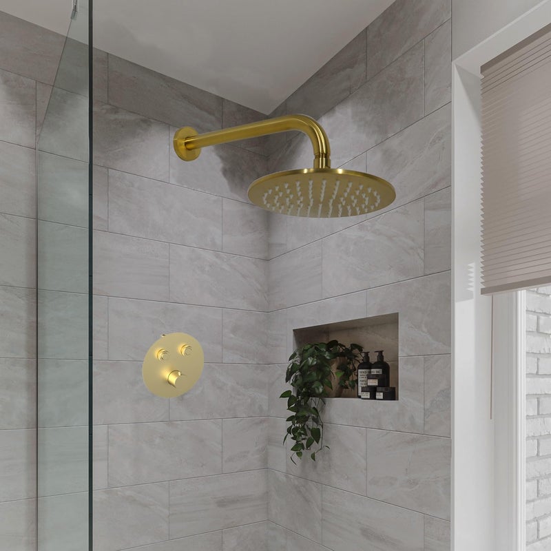 Aquaiaw Shower Arm and O-Ring Flange, 12 inch, Solid Brass Material, Both Soldered 1/2 NPT Tapered Threads, Round Wall Mount Rainfall Shower Head Extension Arm, PVD Brushed Brass (Matte Brushed Gold) - Image 2