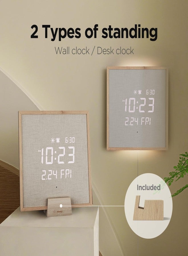 mooas Wooden Frame LED Silent Wall Clock with Remote, Backlit Nightlight, Modern Digital LED Wall Clock Display Sunrise Alarm Melody 5 Brightness for Bedroom Living Room (Wooden Frame Light Brown) - Image 2
