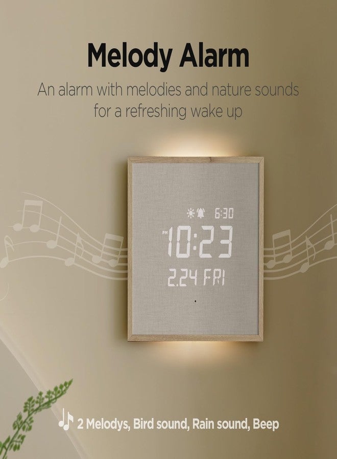mooas Wooden Frame LED Silent Wall Clock with Remote, Backlit Nightlight, Modern Digital LED Wall Clock Display Sunrise Alarm Melody 5 Brightness for Bedroom Living Room (Wooden Frame Light Brown) - Image 5