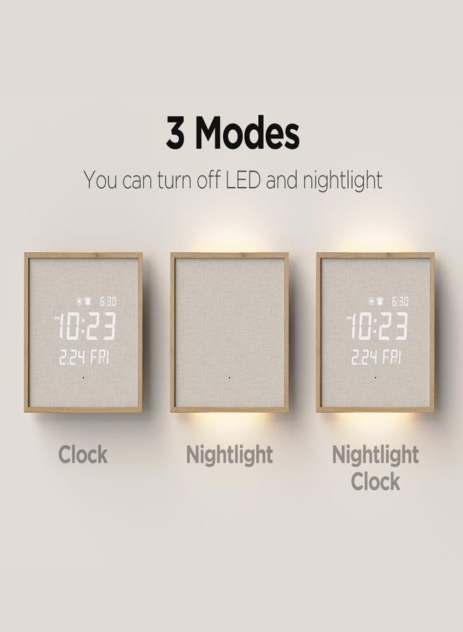 mooas Wooden Frame LED Silent Wall Clock with Remote, Backlit Nightlight, Modern Digital LED Wall Clock Display Sunrise Alarm Melody 5 Brightness for Bedroom Living Room (Wooden Frame Light Brown) - Image 3