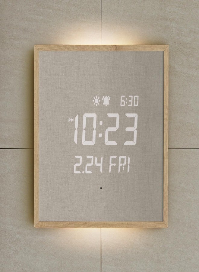 mooas Wooden Frame LED Silent Wall Clock with Remote, Backlit Nightlight, Modern Digital LED Wall Clock Display Sunrise Alarm Melody 5 Brightness for Bedroom Living Room (Wooden Frame Light Brown) - Image 1