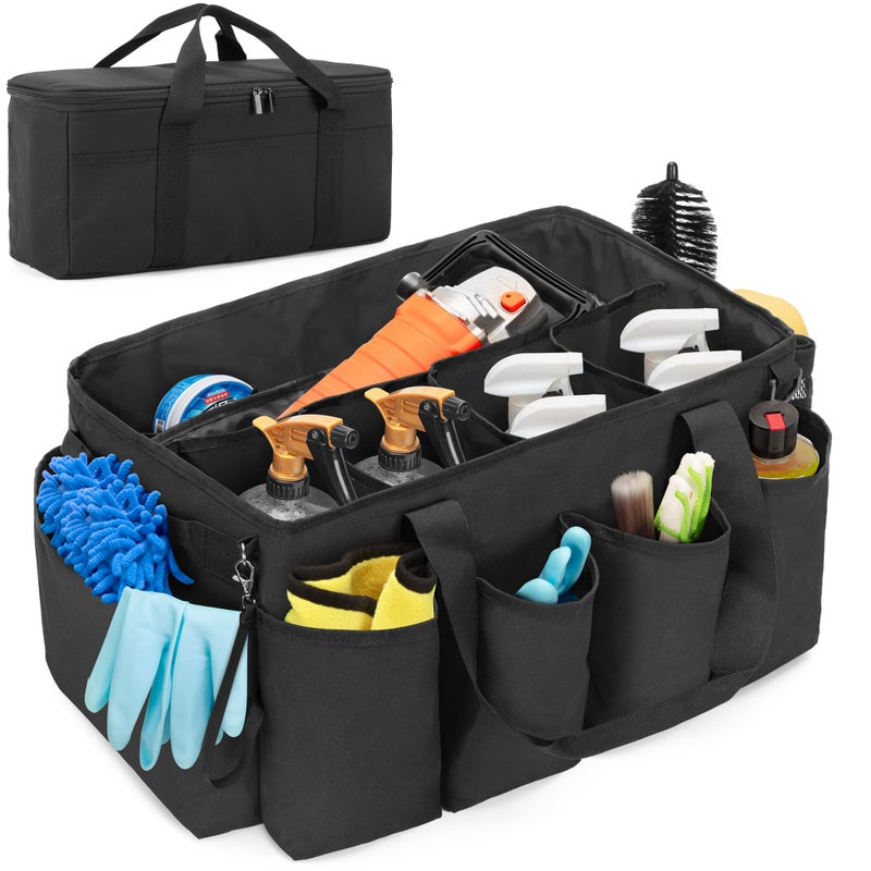 HODRANT Detailing Bag with Polisher Carry Bag Large Detail Bag Car Care Box for Auto Detailing Supplies Car Wash Caddy Trunk Organizer for Buffer Bottle Towel Cleaning Kit Black Patent Design