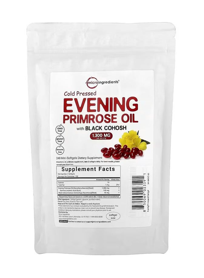Micro Ingredients Evening Primrose Oil 1300mg Perserving, 240 Softgels | Enhanced with 40mg Black Cohosh Extract, Cold Pressed – 10% Active GLA, Non-GMO, No Gluten, Easy to Swallow - Image 1