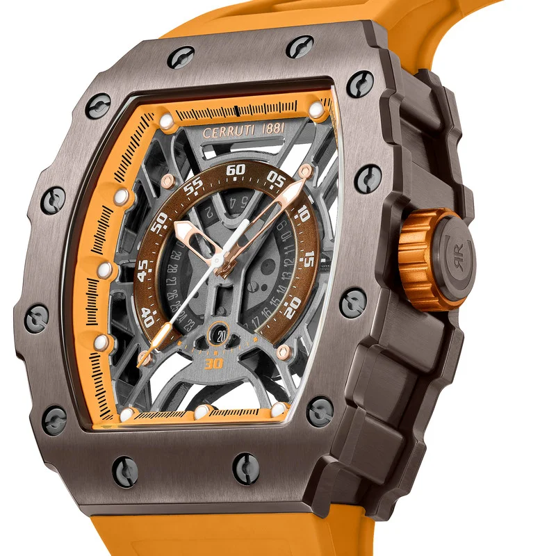 شيروتي 1881 Men's Gubbio Watch for Men - Tonneau Structure Dial with Orange Accents, Orange Silicone Strap