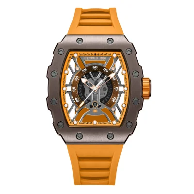 شيروتي 1881 Men's Gubbio Watch for Men - Tonneau Structure Dial with Orange Accents, Orange Silicone Strap