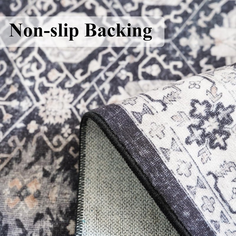 HY HAO YUN LAI Washable 2x3 Entryway Area Rug: Vintage Soft Thin Door Mat with Non Slip Backing Water Resistant Carpet for Bedroom Low Pile Floor Mat for Kitchen Bathroom Easy Clean Rug for Family (2 X 3, Black) - Image 4