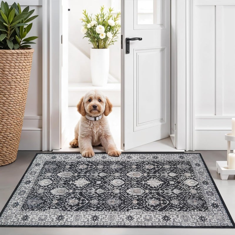 HY HAO YUN LAI Washable 2x3 Entryway Area Rug: Vintage Soft Thin Door Mat with Non Slip Backing Water Resistant Carpet for Bedroom Low Pile Floor Mat for Kitchen Bathroom Easy Clean Rug for Family (2 X 3, Black) - Image 1
