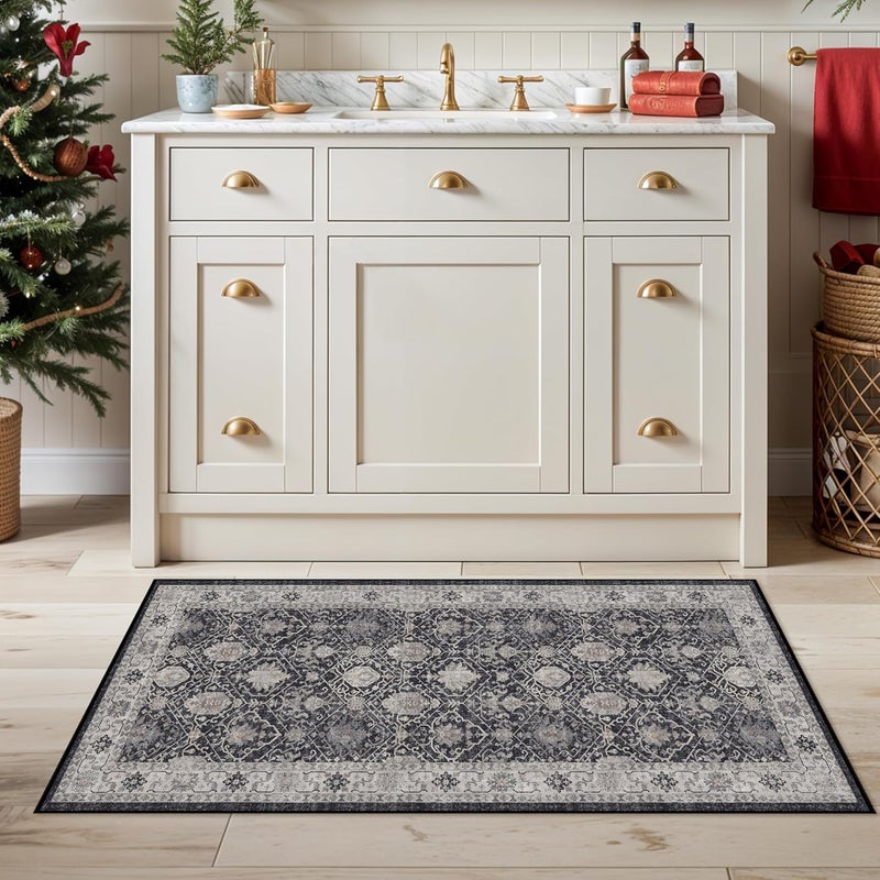 HY HAO YUN LAI Washable 2x3 Entryway Area Rug: Vintage Soft Thin Door Mat with Non Slip Backing Water Resistant Carpet for Bedroom Low Pile Floor Mat for Kitchen Bathroom Easy Clean Rug for Family (2 X 3, Black) - Image 2