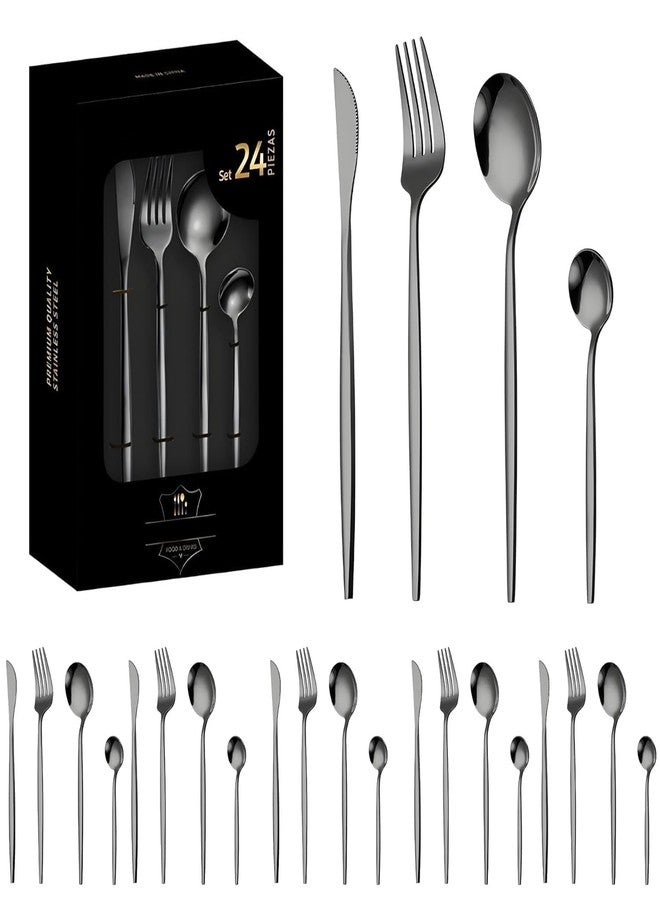 FS COOL Black Flatware Stainless Steel Forks and Spoons Dinnerware, French Style 24-Piece Kitchen Utensils, Portable Utensils Set with Gift Box, Modern Flatware Cutlery Set (Black, Set of 24) - Image 1