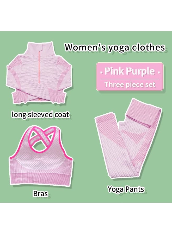 NIBEMINENT Women's 3pcs Seamless Workout Outfits Sets, Yoga Sportswear Tracksuit Leggings and Stretch Sports Bra Fitness - Image 4